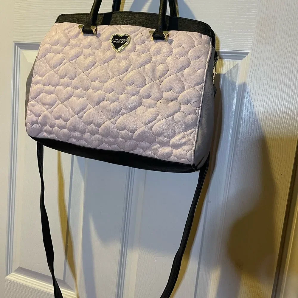 Betsey Johnson Heart Quilted Pink , Black & gray strims & strap Satchel